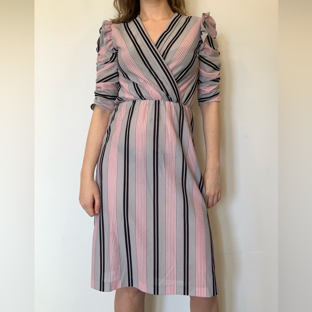 Vintage Tobi ruffled Sleeves Dress with stripes Made in Canada